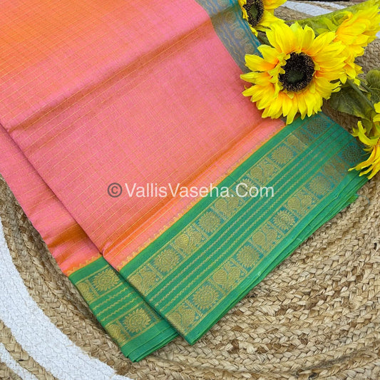 Pure Korvai Silk Cotton - Retta Petta Border - Double tone Pinkish Orange With Green Combo - VVKSC010