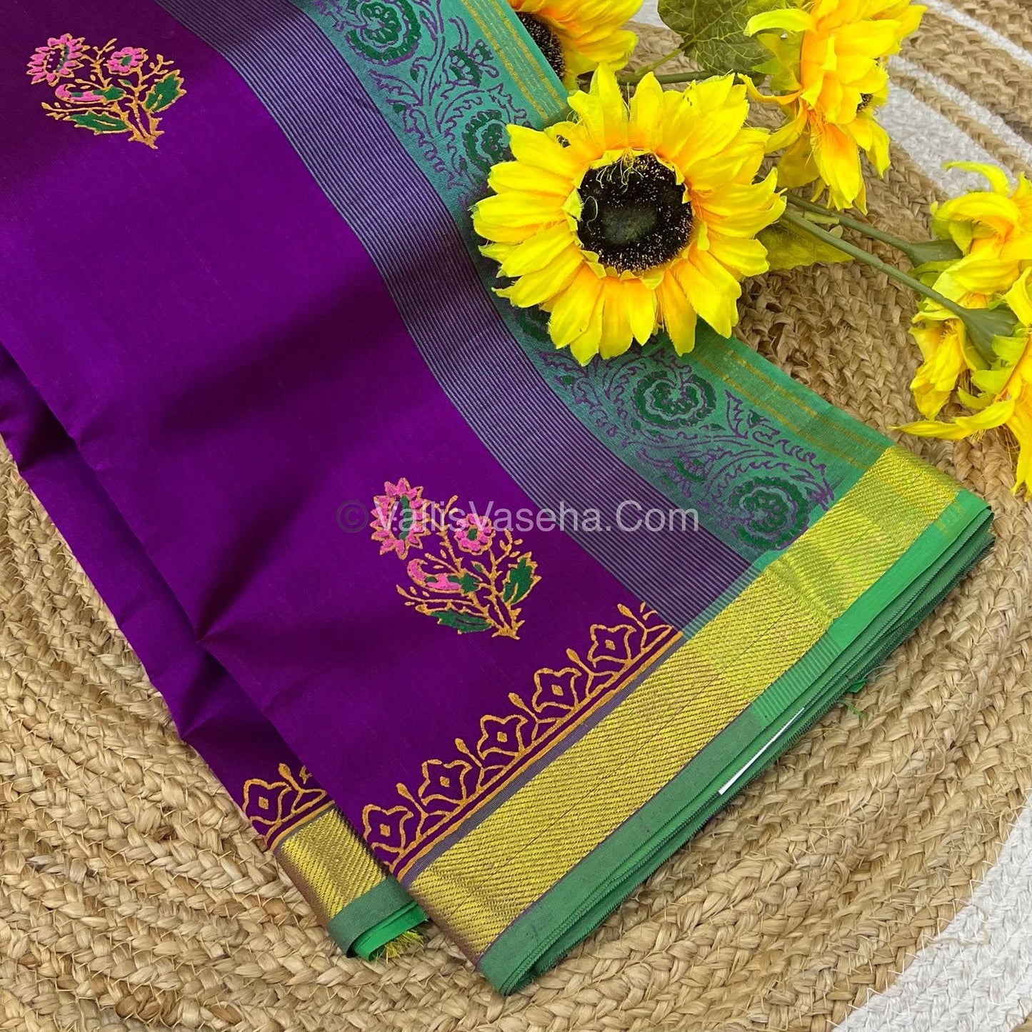 Pure Printed Silk Cotton Sarees - Purplish Pink with Green - VVPSC003