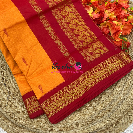 Kalyani Cotton Saree - Yellow With Red Shade - VVKC002