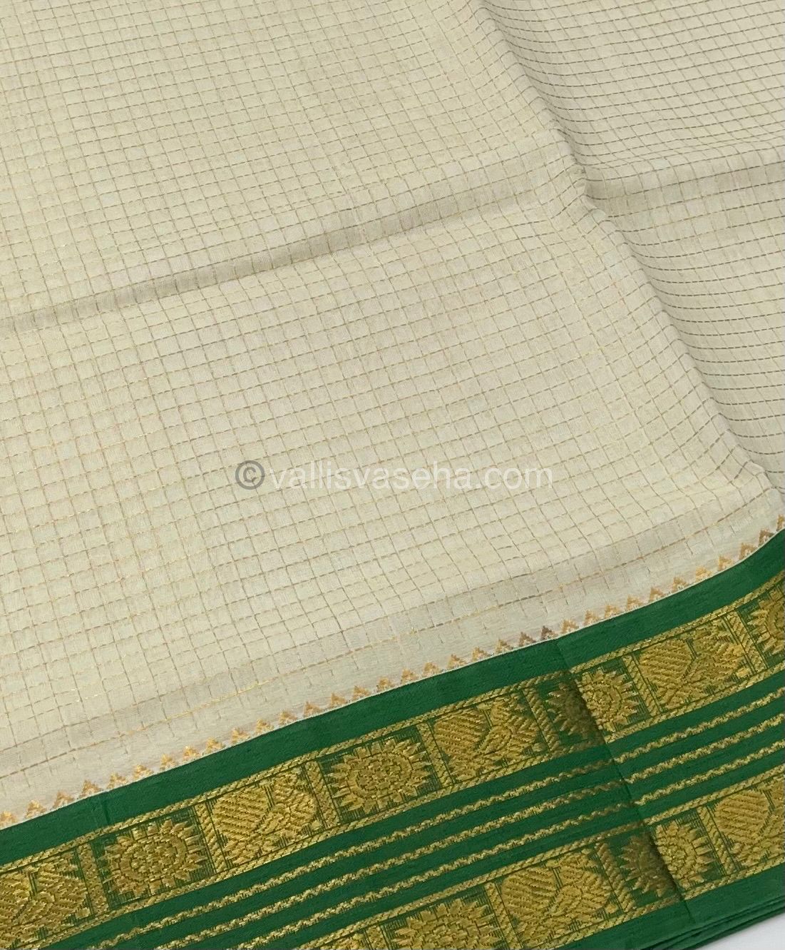 Pure Korvai Silk Cotton - Retta Petta Border - Cream( Half White )with Green Combo - VVKSC010