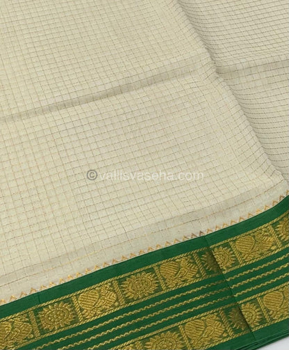 Pure Korvai Silk Cotton - Retta Petta Border - Cream( Half White )with Green Combo - VVKSC010