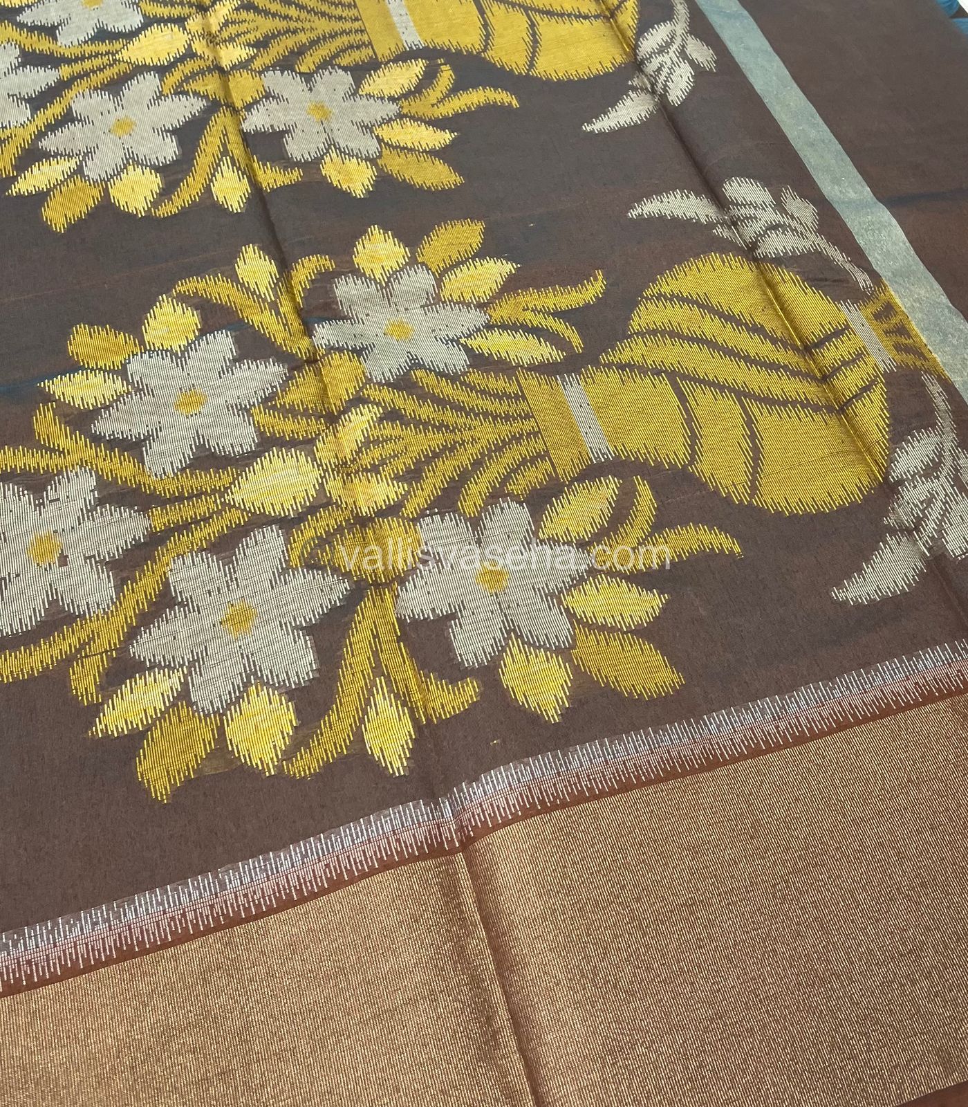 Banarasi Pochampally Weaving Semi Soft Cotton Saree - Blue with Brown - VVBPS001