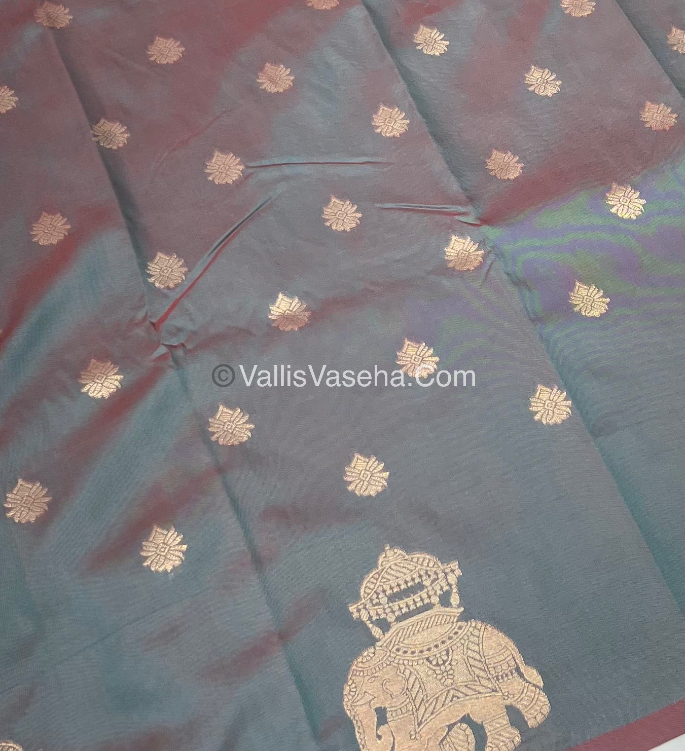 Semi Soft Silk - Elephant Butta Border - Greenish Grey Shade -VVSSS011