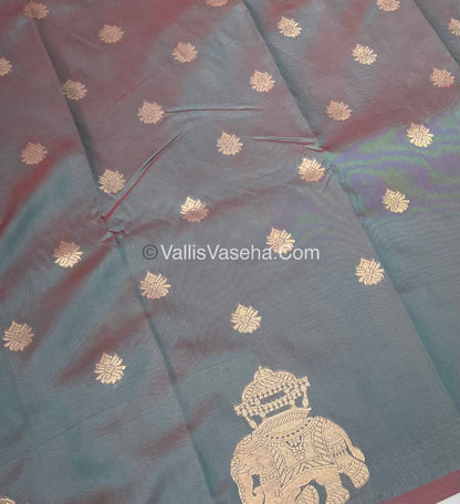 Semi Soft Silk - Elephant Butta Border - Greenish Grey Shade -VVSSS011