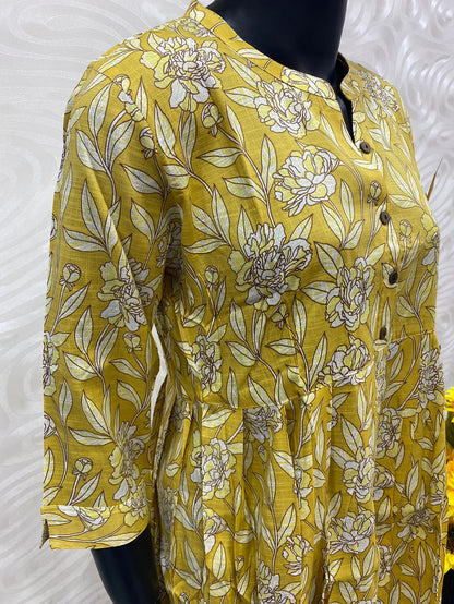 Umbrella Slub Cotton Printed Kurti - Yellow Shade - VV107890