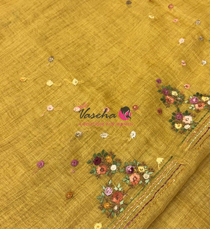 French Knot - Linen Tissue Saree - Mustard Yellow Shade - VVLFN017