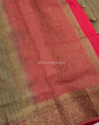 Bamboo Silk Saree - Dark Beige with Red Shade - VVBSS001