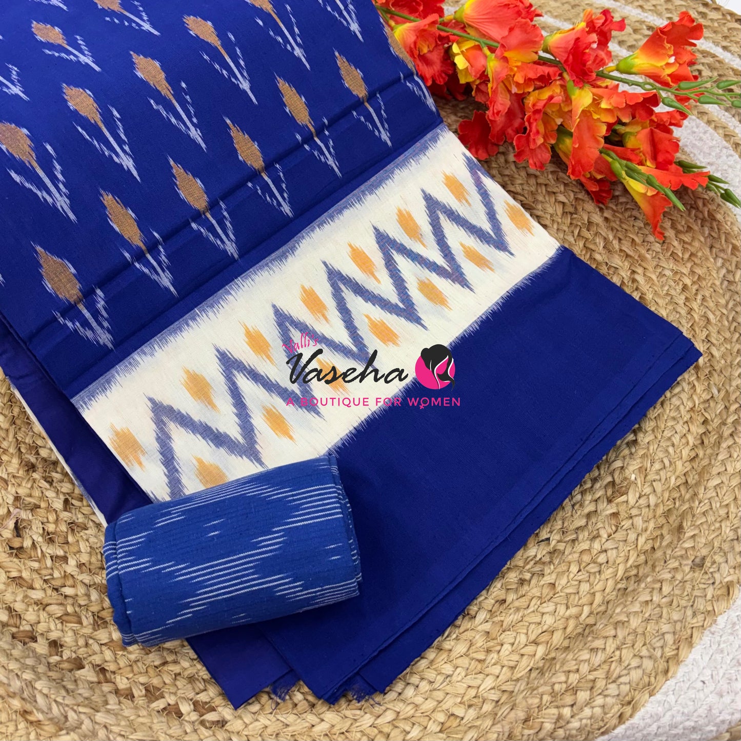 Double Ikkat Pure Cotton Saree -  Blue With Red  - VVIKS002