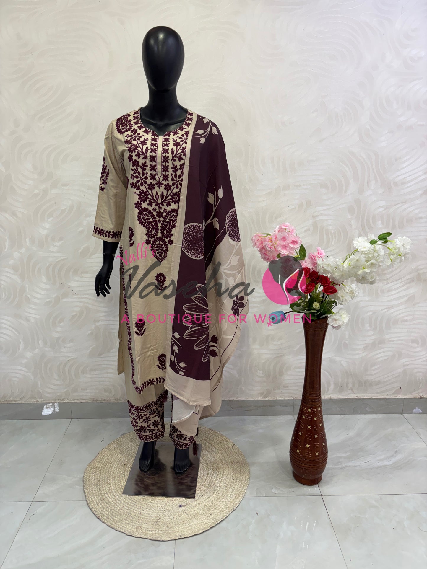 Readymade 3pc Set - Thread - Ivory & Wine Merun - Embroidered - VVRMS009