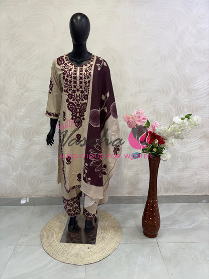 Readymade 3pc Set - Thread - Ivory & Wine Merun - Embroidered - VVRMS009