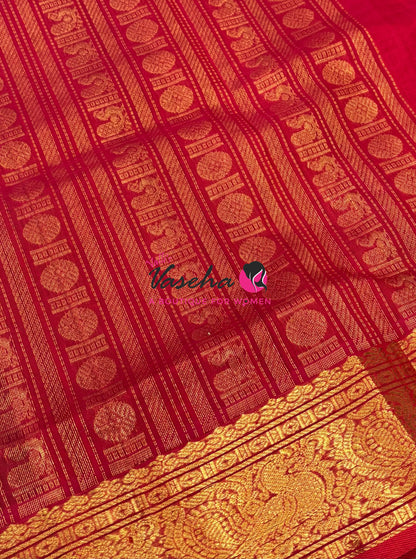 Pure Silk Cotton Saree -  Green With Red - Lakshadeepam Design - VVPLD001