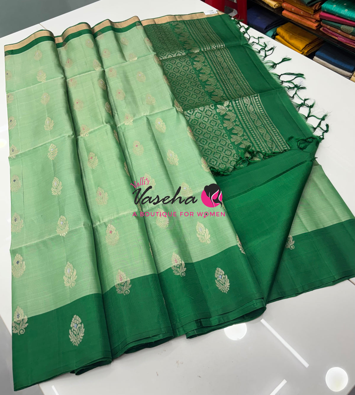 Half Mix - Pure Soft Silk Saree - Meenakari Style Butta - Green With Green - VVPSS148
