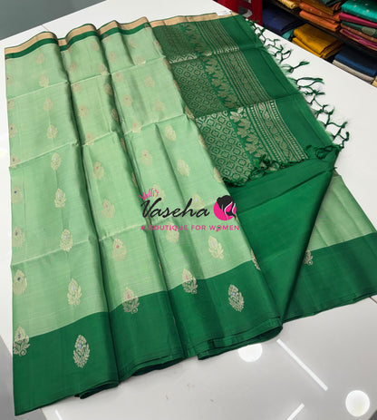 Half Mix - Pure Soft Silk Saree - Meenakari Style Butta - Green With Green - VVPSS148