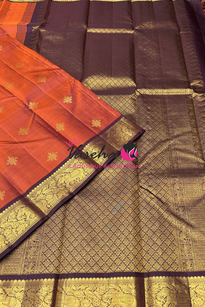 Pure Kanchipuram Silk Saree - Rust Orange & Wine Brown Combo - VVPS068