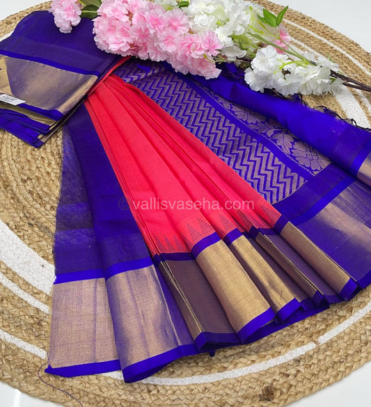 Pure Korvai Silk Cotton Saree - Pinkish Peach with Violetish Blue Combo - Temple border - VVKSC001