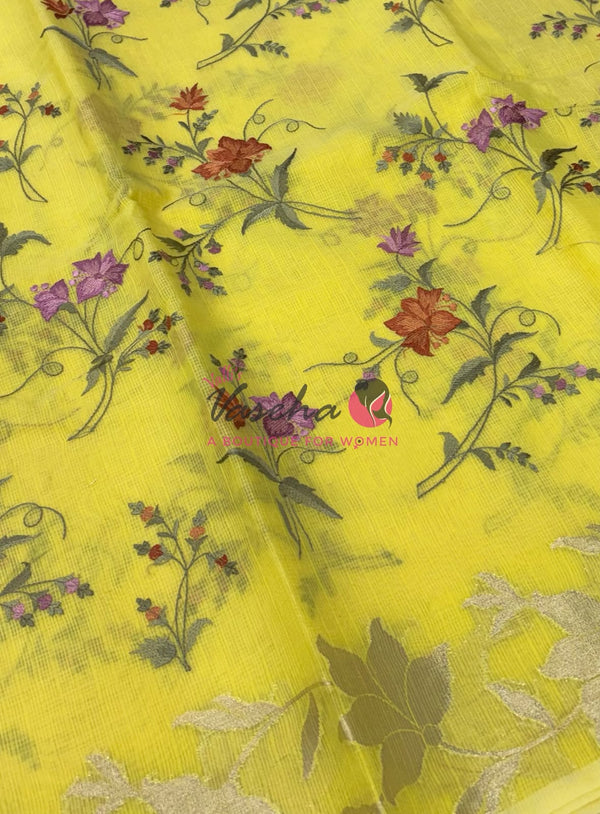 Kota Saree - Embroidery Weaving - Yellow Shade - VVKES001