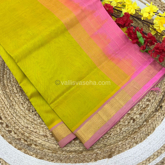 Pure Silk Cotton Sarees - Lemon Green With Pink - VVPSC003