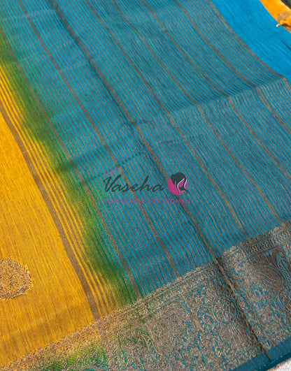 Bamboo Silk Saree- Yellow with Blue Shade - VVBSS016