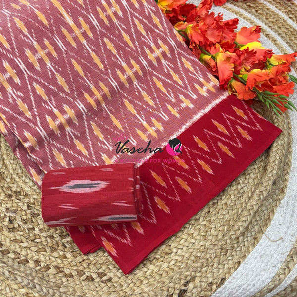 Double Ikkat Pure Cotton Saree -  Blue With Red  - VVIKS002