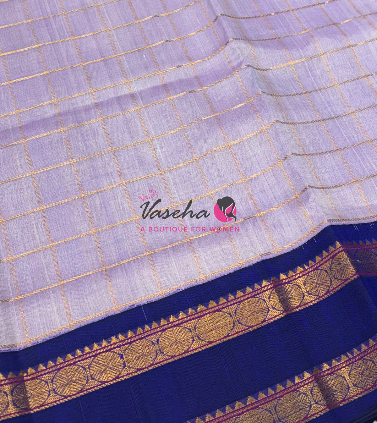 Pure Korvai Silk Cotton With Retta Petta Border - Checks pattern - Light Lavender & Blue - VVKSC013