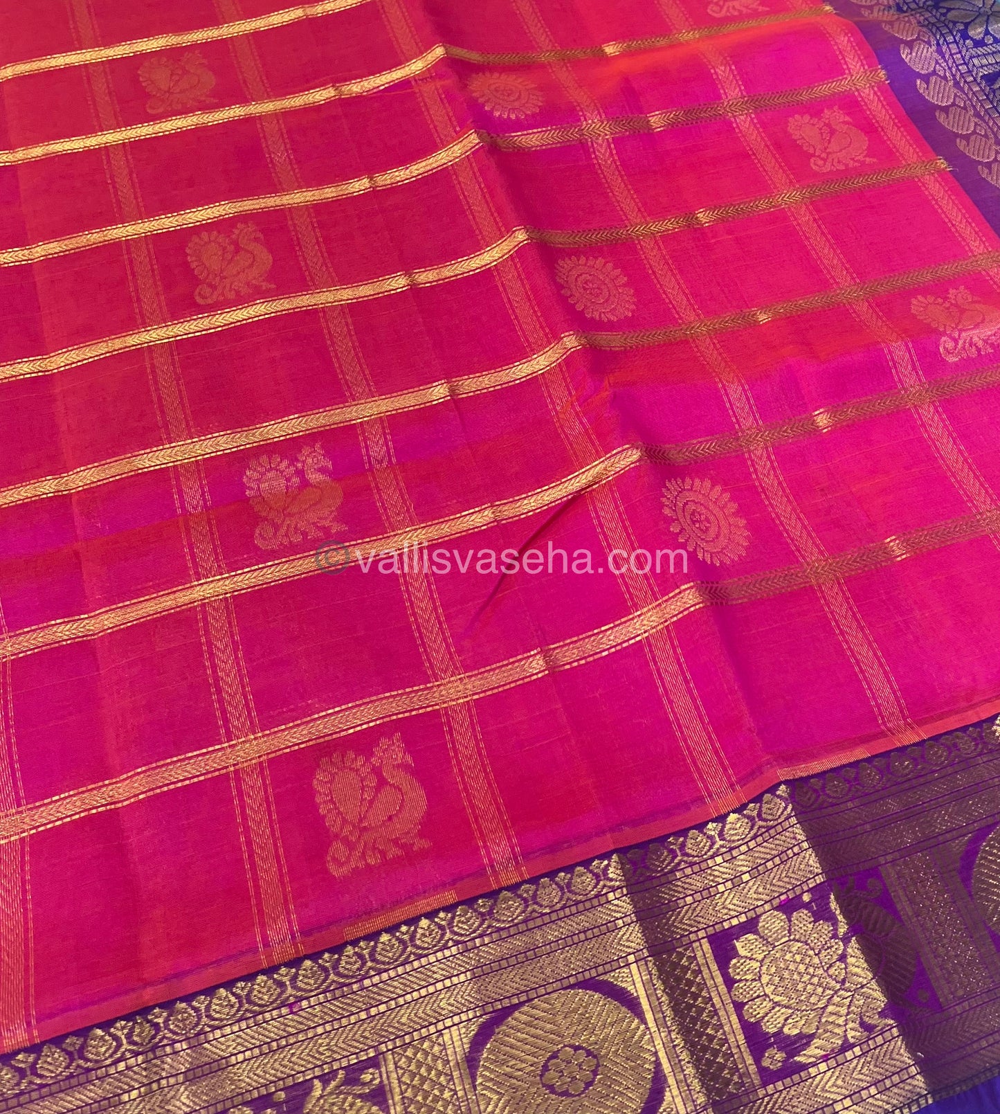 Pure Silk Cotton Saree - Mayil & Chakkaram Design - Pink With Blue Combo -VVMC003