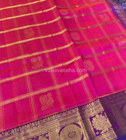 Pure Silk Cotton Saree - Mayil & Chakkaram Design - Pink With Blue Combo -VVMC003