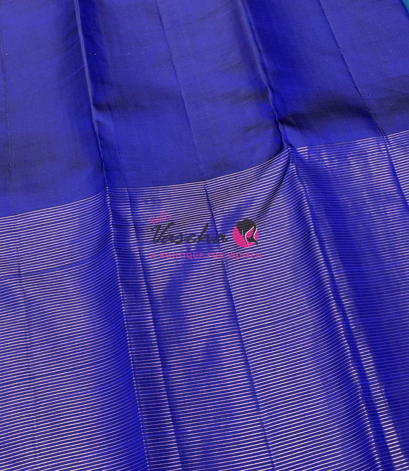 Pure Kanchipuram Silk Saree - Peacock Blue With Blue - VVPS052