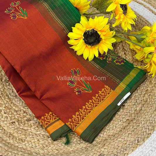 Pure Printed Silk Cotton Sarees - Orange With Green - VVPSC003
