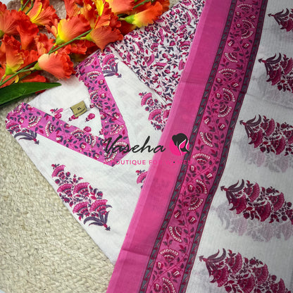 Ready Made | Anarkali |Salwar, Kameez & Duppatta(3pc)|Cotton |White & Pink - VVAS010
