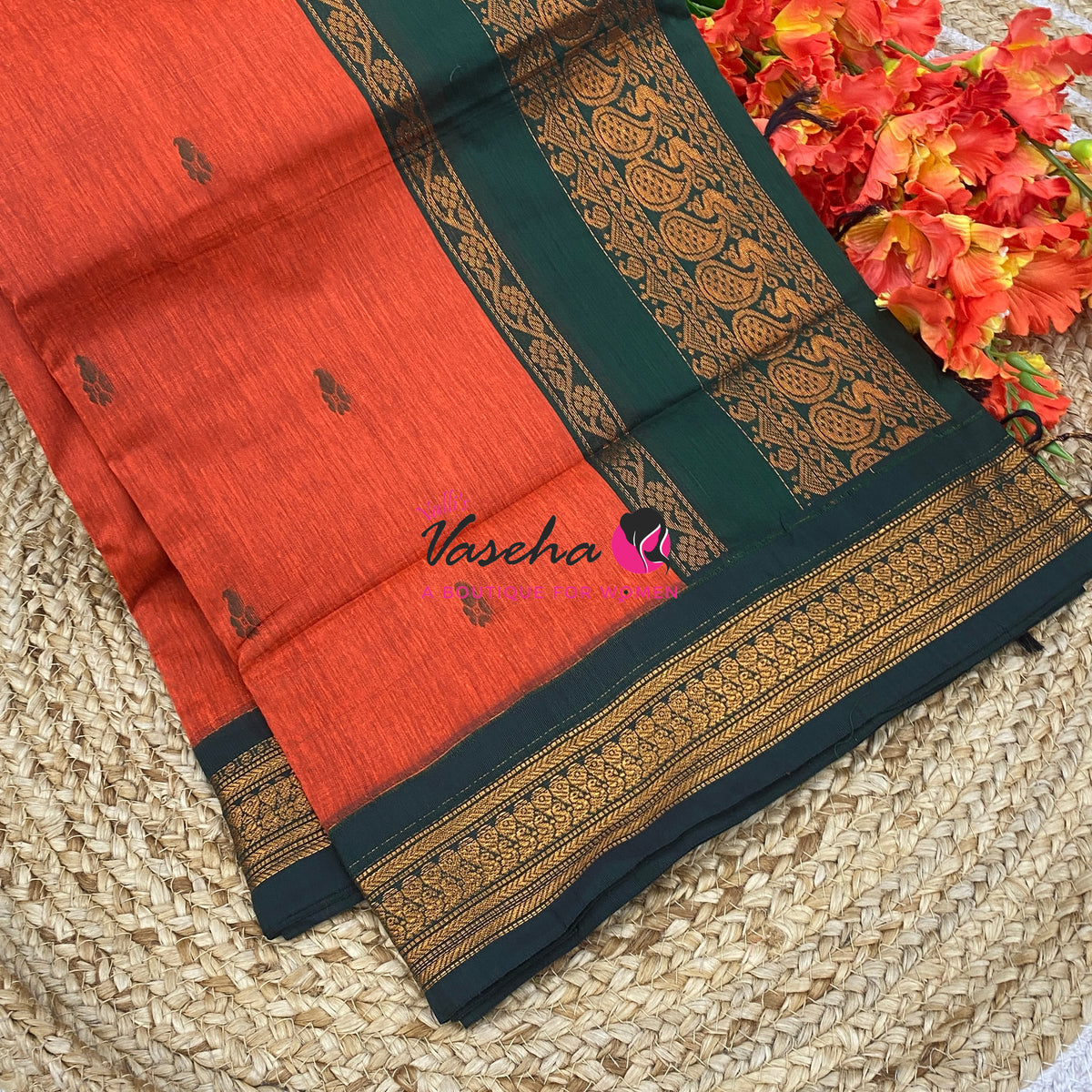 Kalyani Cotton Saree - Orange With Green Shade - VVKC002