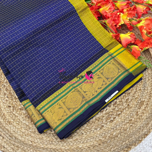 Pure Silk Cotton Saree - Blue With Yellow Shade - Lakshadeepam Design - VVPLD001