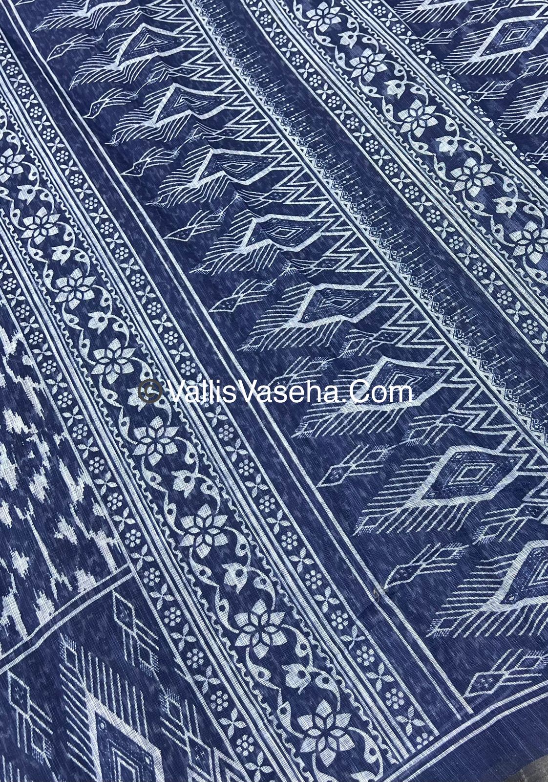 Linen Mixed Cotton Saree - Indigo Blue - Printed - VVLMP001