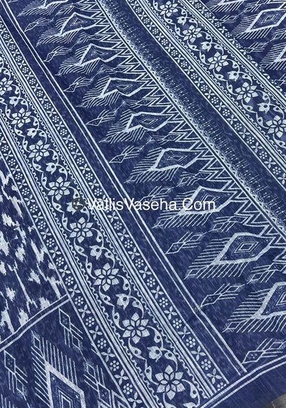Linen Mixed Cotton Saree - Indigo Blue - Printed - VVLMP001