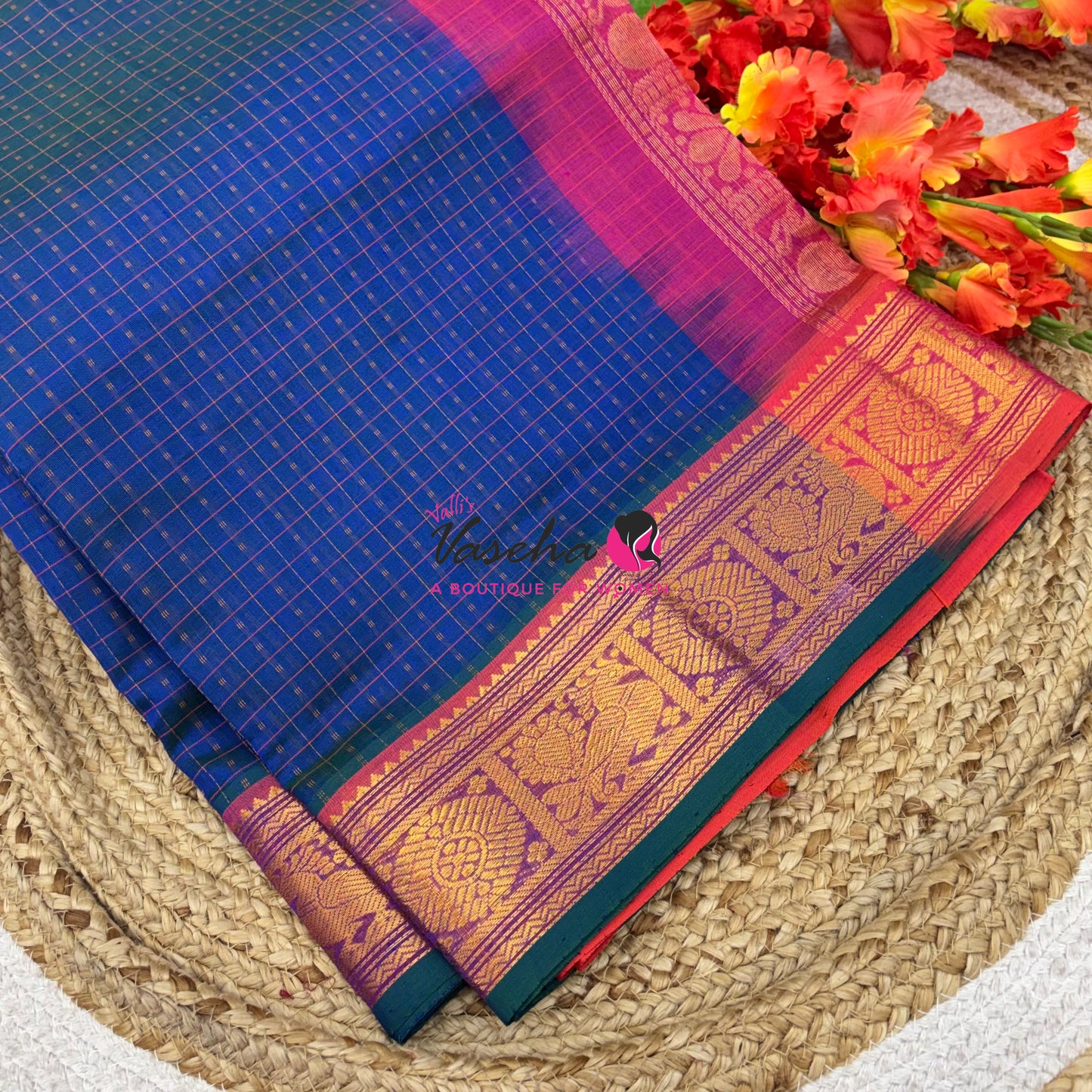 Pure Silk Cotton Saree -  Blue  With Pink - Lakshadeepam Design - VVPLD001