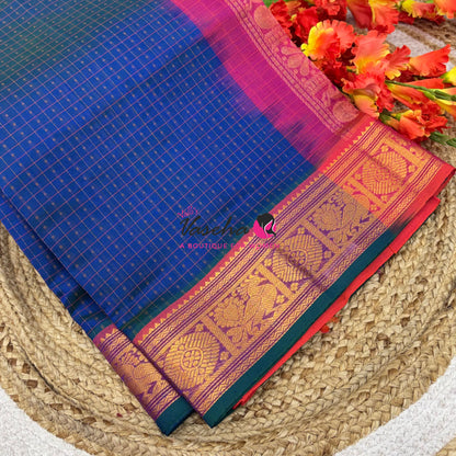Pure Silk Cotton Saree -  Blue  With Pink - Lakshadeepam Design - VVPLD001