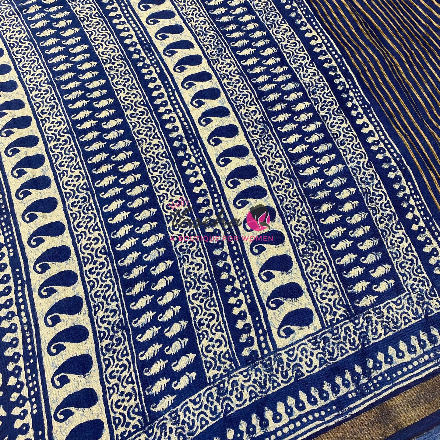 Semi Maheshwari Mixed Cotton Saree - Linen Feel - Indigo Blue - VVMSC008