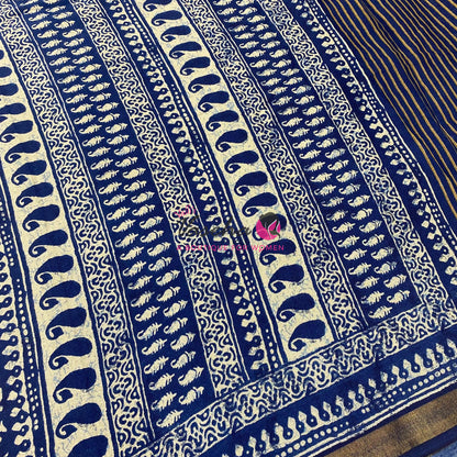 Semi Maheshwari Mixed Cotton Saree - Linen Feel - Indigo Blue - VVMSC008