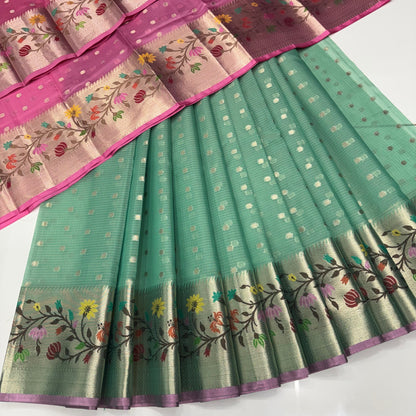 Unstitched - Lehenga Material - Zari Kota Tissue - Green & Pink - VVULM001