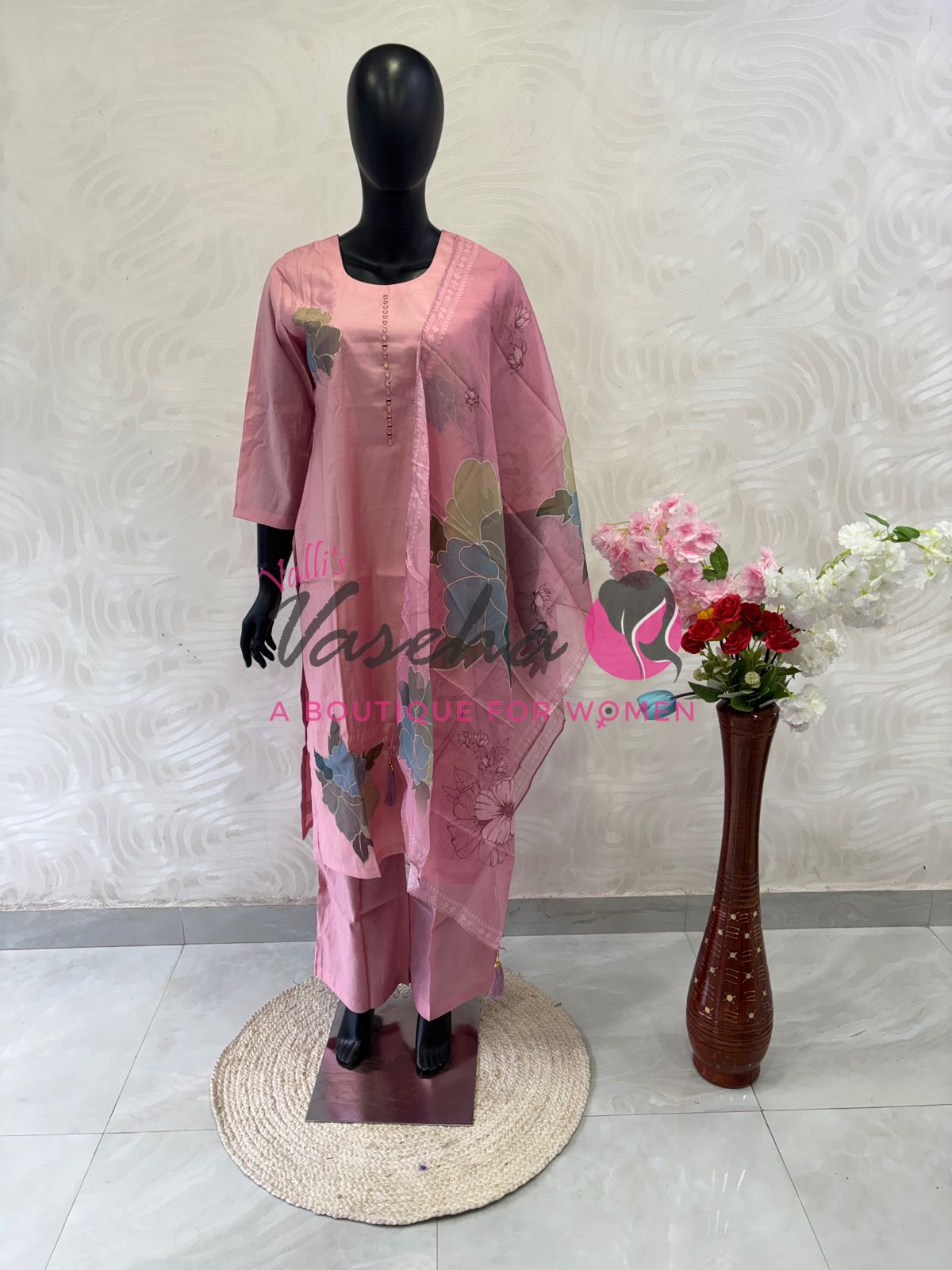 Readymade 3pc Set - Thread Embroidered - Baby Pink - VVRMS009