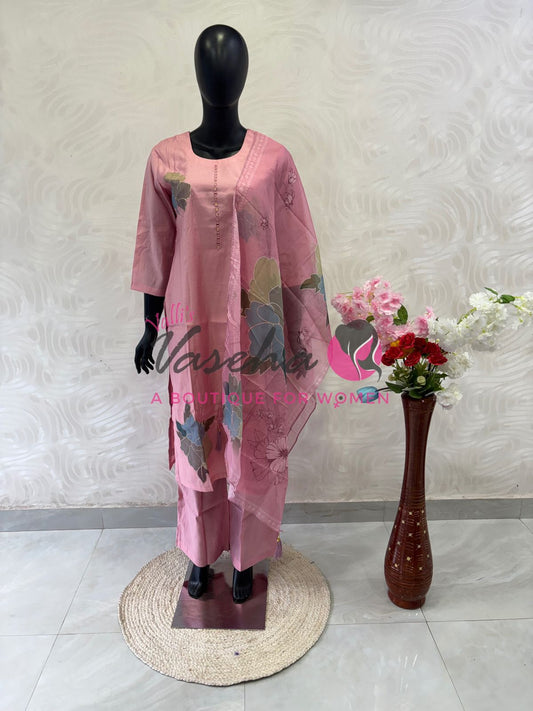 Readymade 3pc Set - Thread Embroidered - Baby Pink - VVRMS009