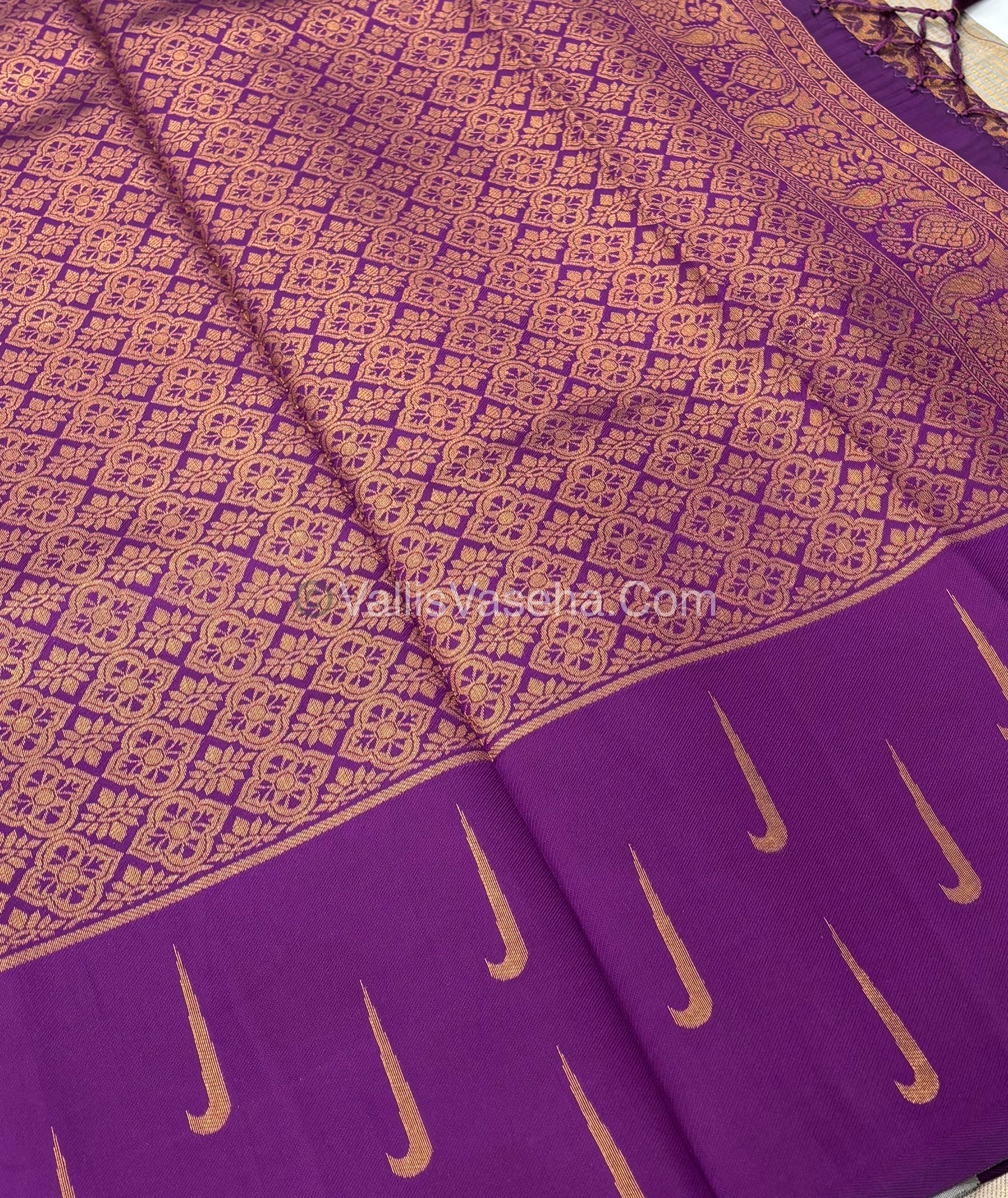 Kanchi Semi Silk With Tassels - Creamish Grey with Purple - VVKSS004