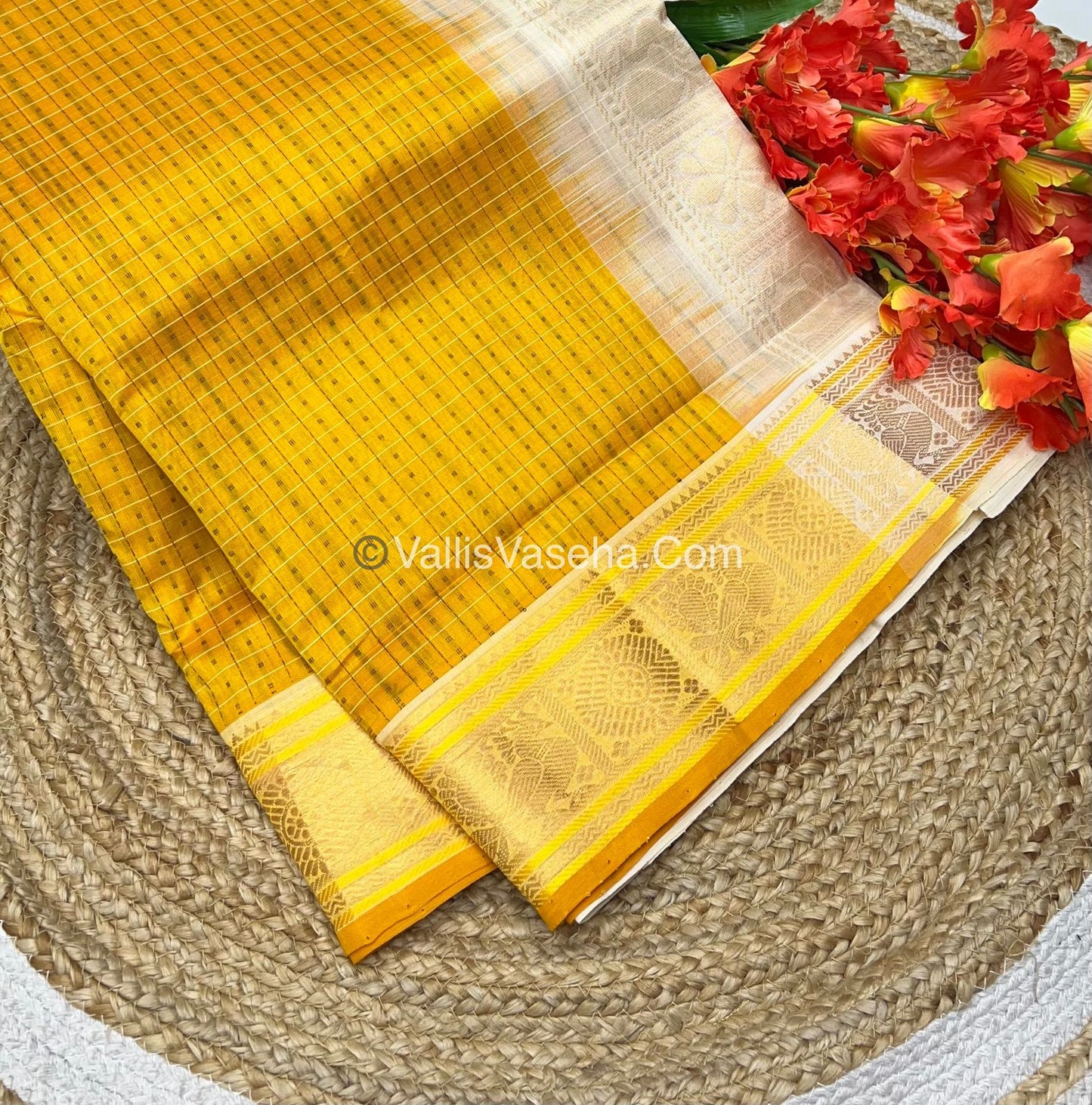 Pure Silk Cotton Saree - Yellow With Cream - Lakshadeepam Design - VVPLD001