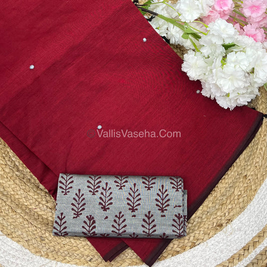 South Mixed Cotton - Mirror Work Embroidery - Maroon With Grey - VVPCM002