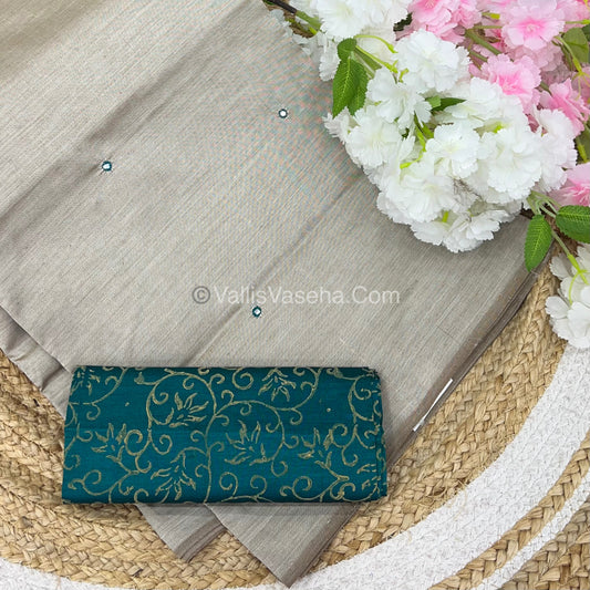 South Mixed Cotton - Mirror Work Embroidery - Creamish Grey With Green  - VVPCM002