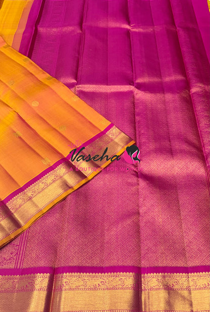 Pure Kanchipuram Silk Saree - Dual Tone Golden Yellow & Pink Combo - VVPS025