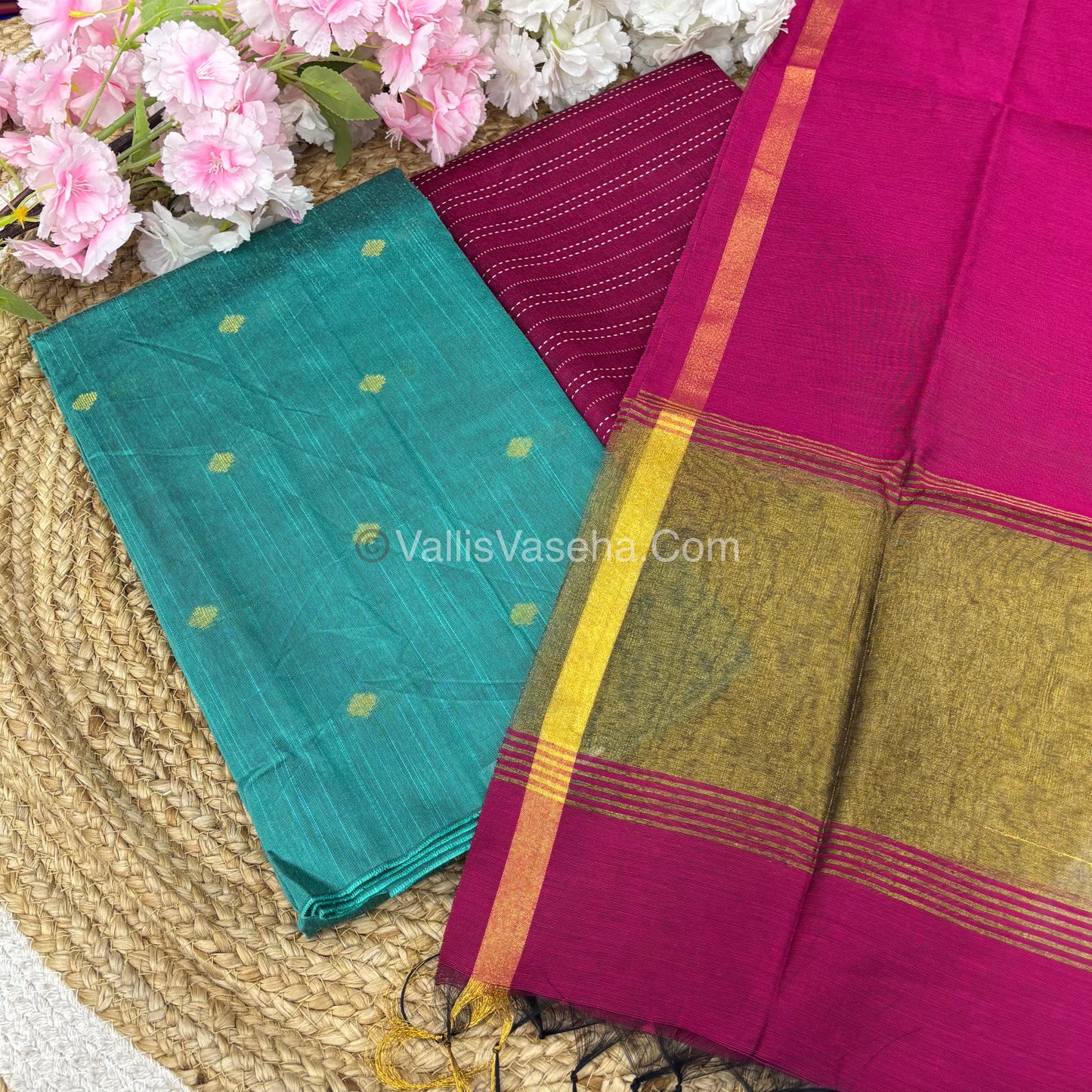 Unstitched Salwar Material -Raw Silk - Greenish Blue with Pink Shade - VVUSM004