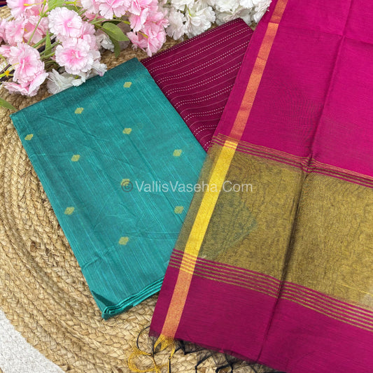 Unstitched Salwar Material -Raw Silk - Greenish Blue with Pink Shade - VVUSM004