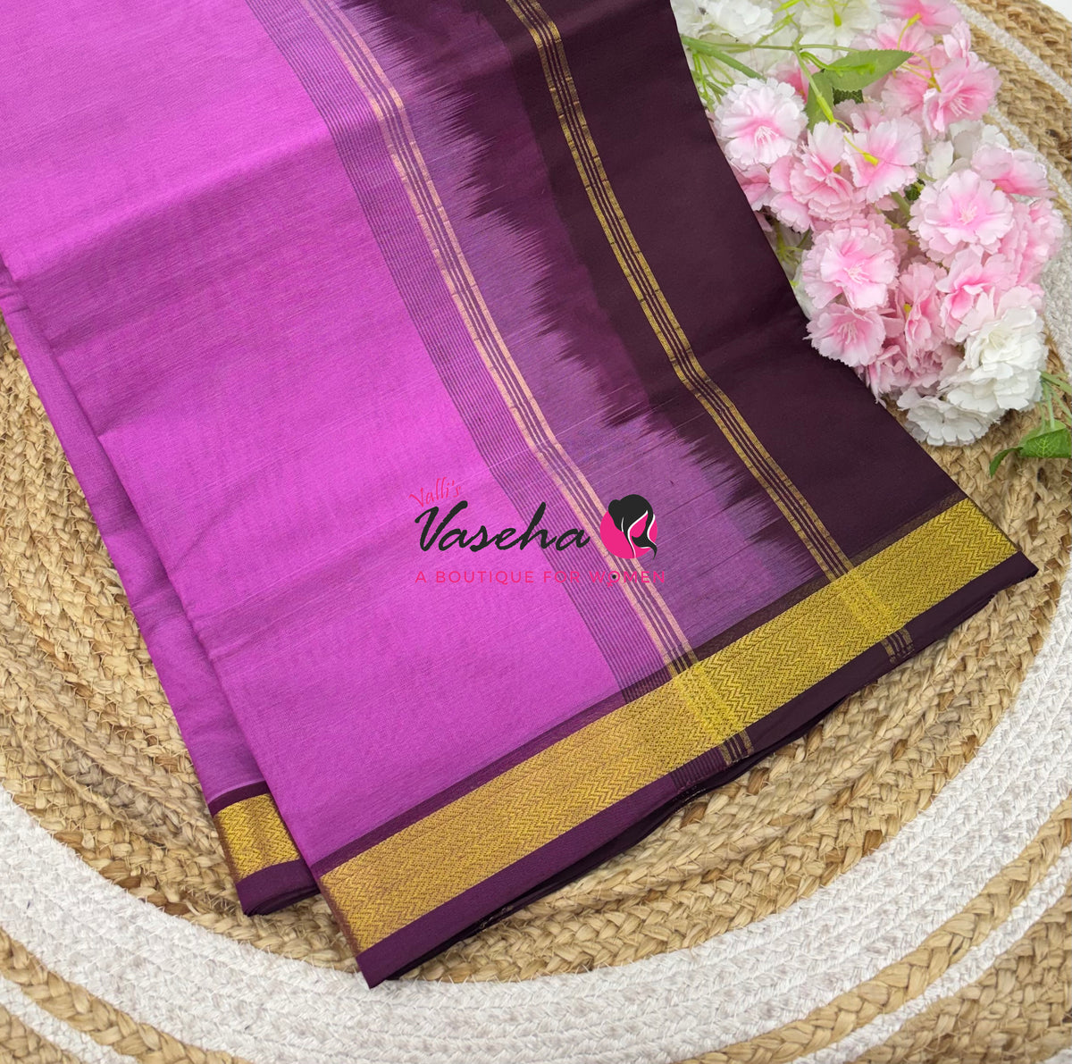 Pure Silk Cotton Sarees - Pink  With Wine - VVPSC017