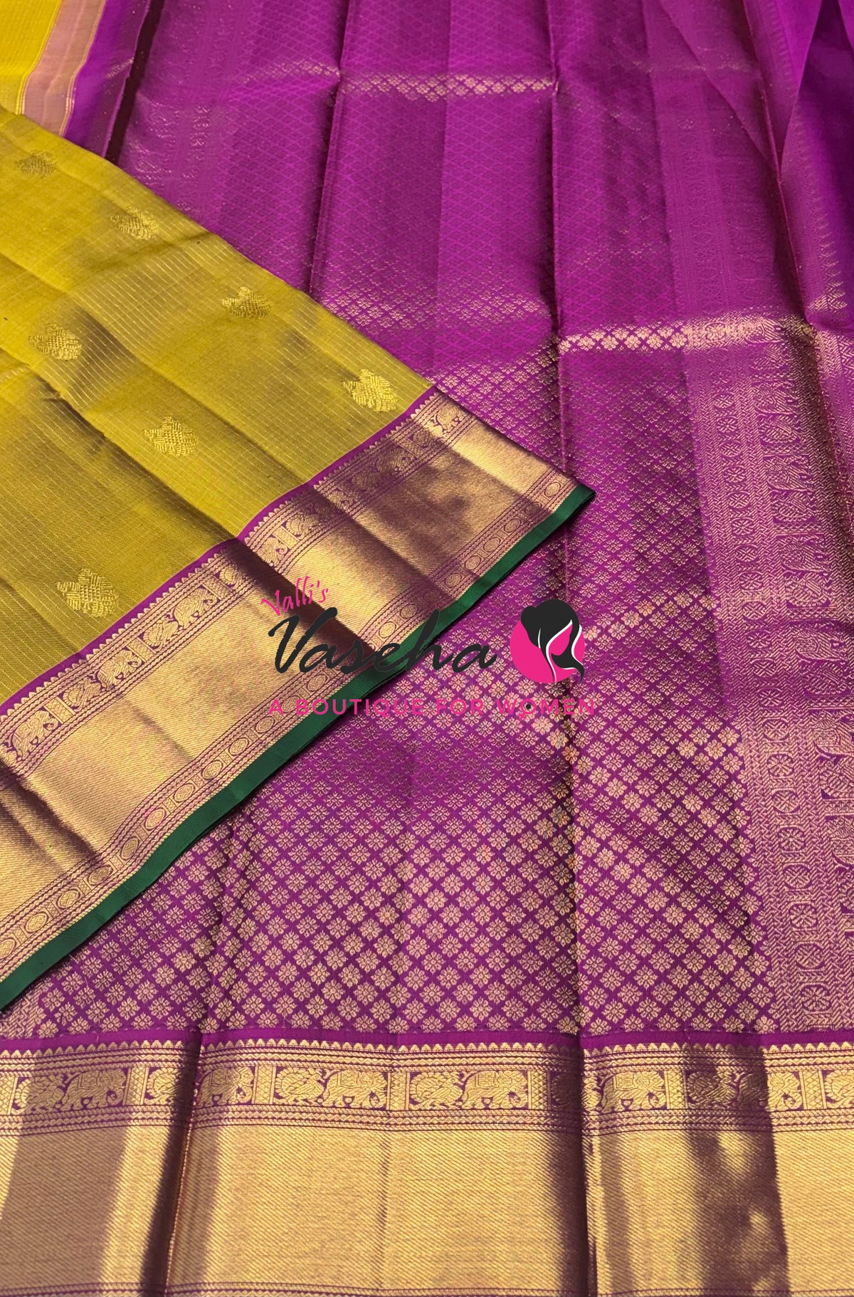 Pure Kanchipuram Silk Saree - Vairavoosi Design  - Mustard Yellow With Purplish Pink - VVPS059