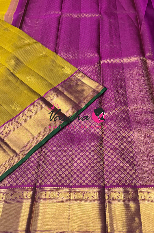 Pure Kanchipuram Silk Saree - Vairavoosi Design  - Mustard Yellow With Purplish Pink - VVPS059
